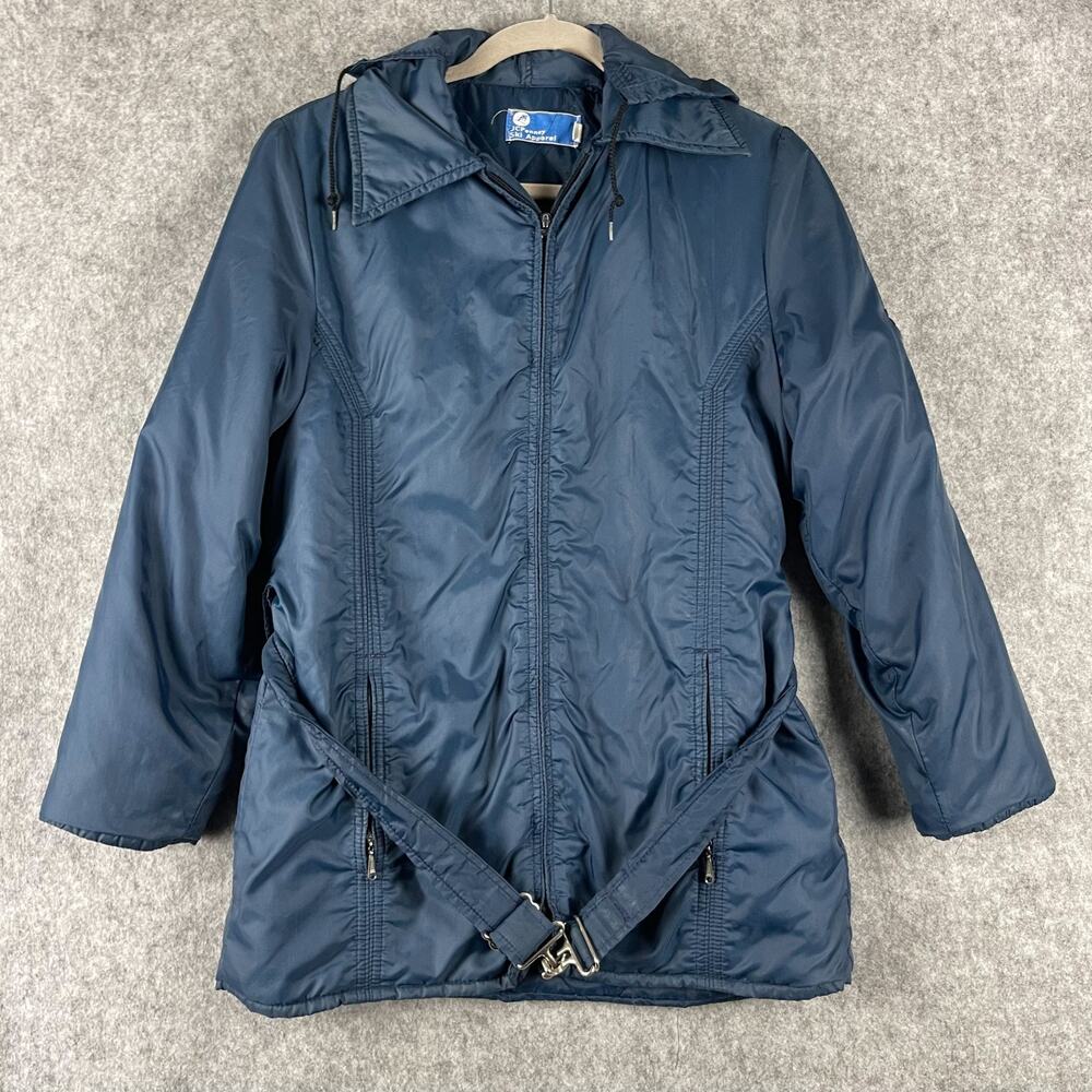 VTG JC Penny Ski Apparel Jacket Womens Small Blue Belted Hooded‎ Retro 80s FLAWS